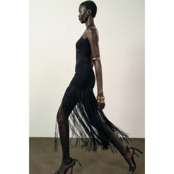 ZARA STRETCH LONG DRESS WITH FRINGING - Picture 6 of 12